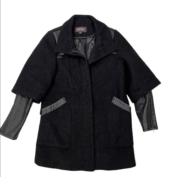 Badgley Mischka Black Boucle Wool and Leather Full Zip Coat. - Picture 1 of 15
